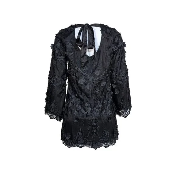 Eva Franco - Black Floral Applique Long Sleeve Mini Dress Sz 4 - Picture 4 of 4